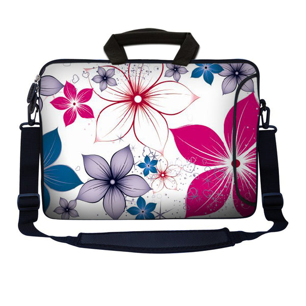 Laptop Sleeve Carrying Case with Large Side Pocket for Accessories and Removable Shoulder Strap - White Pink Blue Flower Leaves