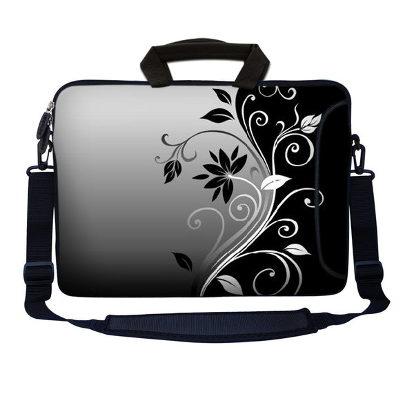 Laptop Sleeve Carrying Case with Large Side Pocket for Accessories and Removable Shoulder Strap - Gray Black Swirl Floral