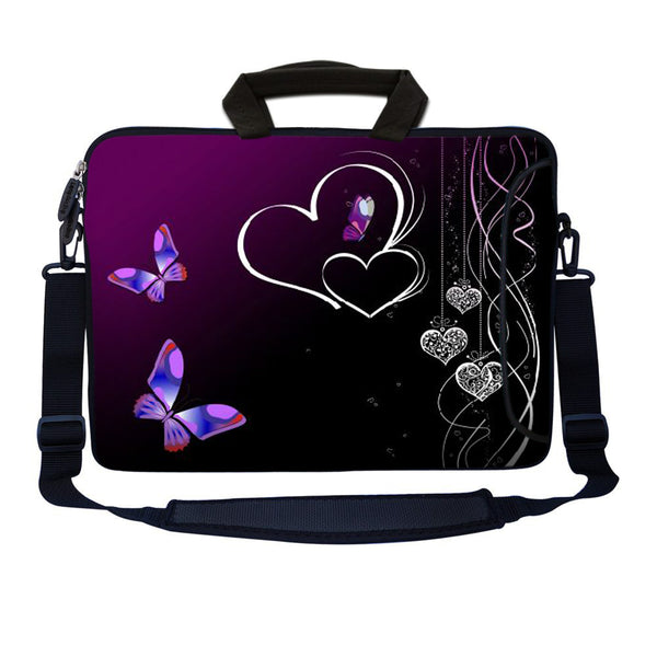 Laptop Sleeve Carrying Case with Large Side Pocket for Accessories and Removable Shoulder Strap - Butterfly Heart Floral