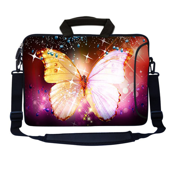 Laptop Sleeve Carrying Case with Large Side Pocket for Accessories and Removable Shoulder Strap - Sparkling Butterfly