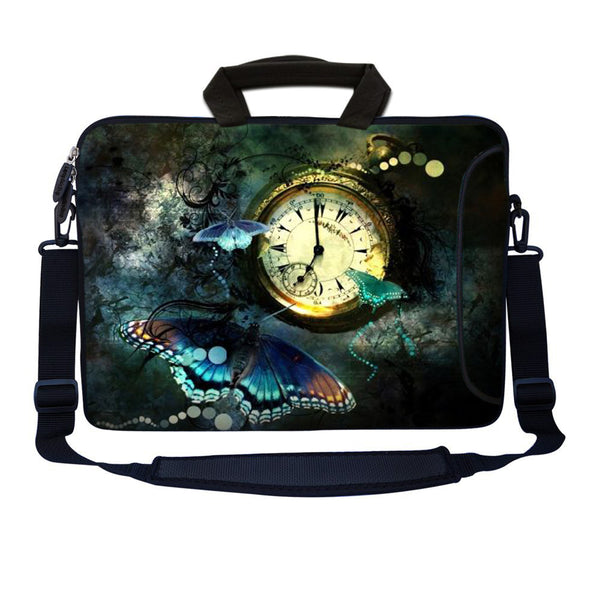 Laptop Sleeve Carrying Case with Large Side Pocket for Accessories and Removable Shoulder Strap - Clock Butterfly Floral