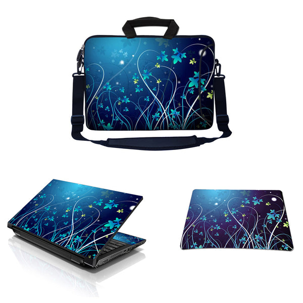 Laptop Sleeve Carrying Case w/ Removable Shoulder Strap & Skin & Mouse Pad – Blue Swirl Mid Summer Night Floral