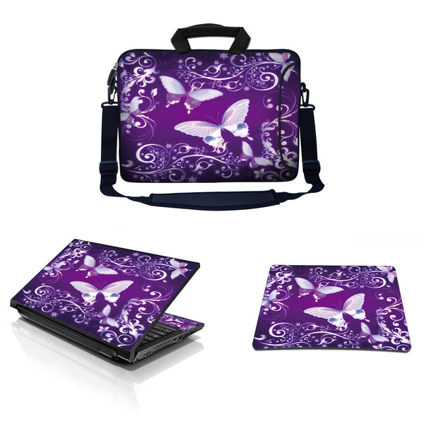 Laptop Sleeve Carrying Case w/ Removable Shoulder Strap & Skin & Mouse Pad – Purple Butterfly