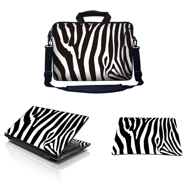 Laptop Sleeve Carrying Case w/ Removable Shoulder Strap & Skin & Mouse Pad – Zebra Print