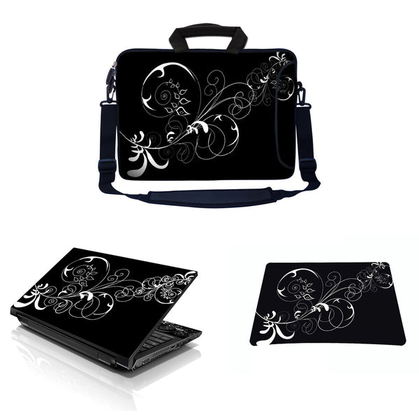 Laptop Notebook Sleeve Carrying Case with Large Side Pocket and Shoulder Strap with Matching Skin Decal and Mouse Pad – Vines Black and White Swirl Floral