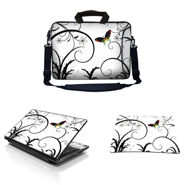 Laptop Sleeve Carrying Case w/ Removable Shoulder Strap & Skin & Mouse Pad – White Butterfly Escape Floral