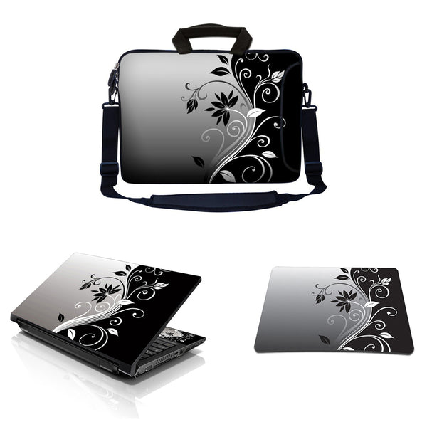 Laptop Sleeve Carrying Case w/ Removable Shoulder Strap & Skin & Mouse Pad – Gray Black Swirl Floral