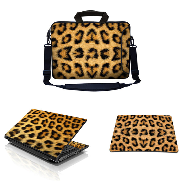 Laptop Sleeve Carrying Case w/ Removable Shoulder Strap & Skin & Mouse Pad – Leopard Print