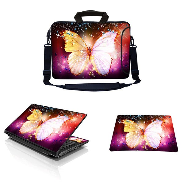 Laptop Sleeve Carrying Case w/ Removable Shoulder Strap & Skin & Mouse Pad – Sparkling Butterfly