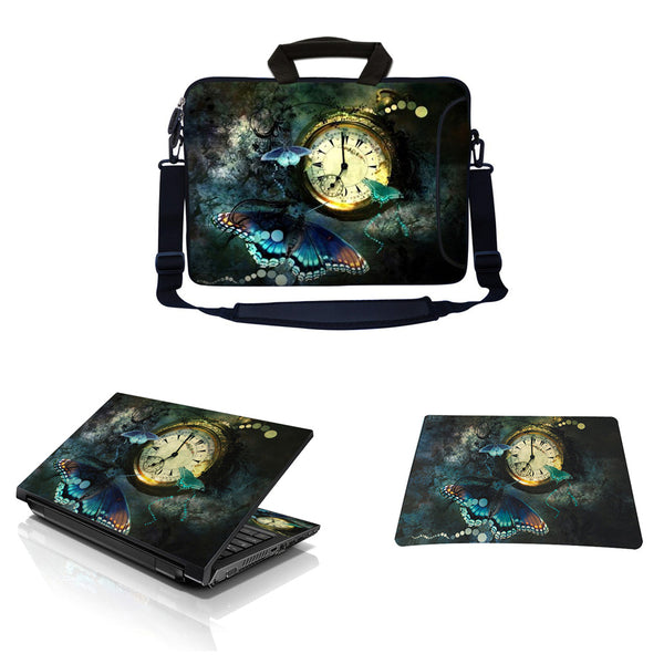 Laptop Sleeve Carrying Case w/ Removable Shoulder Strap & Skin & Mouse Pad – Clock Butterfly Floral