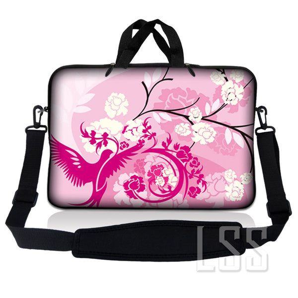 Laptop Notebook Sleeve Carrying Case with Carry Handle and Shoulder Strap - Pink White Roses Bird Floral