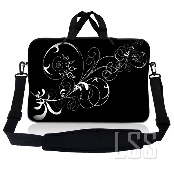 Laptop Notebook Sleeve Carrying Case with Carry Handle and Shoulder Strap - Vines Black and White Swirl Floral