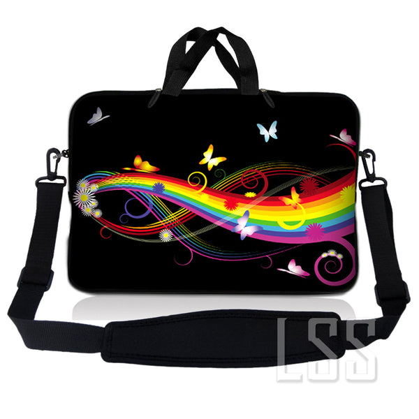 Laptop Notebook Sleeve Carrying Case with Carry Handle and Shoulder Strap - Rainbow Butterfly