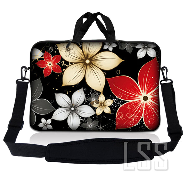 Laptop Notebook Sleeve Carrying Case with Carry Handle and Shoulder Strap - Black Gray Red Flower Leaves