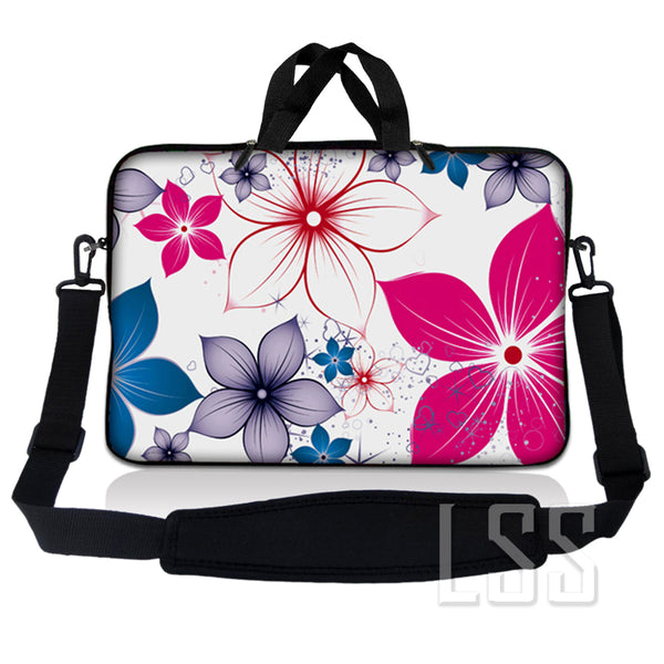 Laptop Notebook Sleeve Carrying Case with Carry Handle and Shoulder Strap - White Pink Blue Flower Leaves