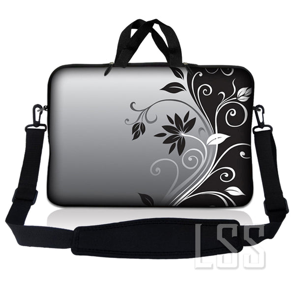 Laptop Notebook Sleeve Carrying Case with Carry Handle and Shoulder Strap - Gray Black Swirl Floral