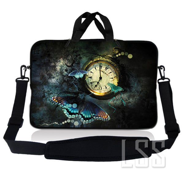 Laptop Notebook Sleeve Carrying Case with Carry Handle and Shoulder Strap - Clock Butterfly Floral