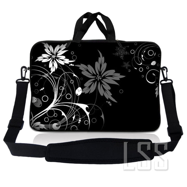 Laptop Notebook Sleeve Carrying Case with Carry Handle and Shoulder Strap - Black and White Floral