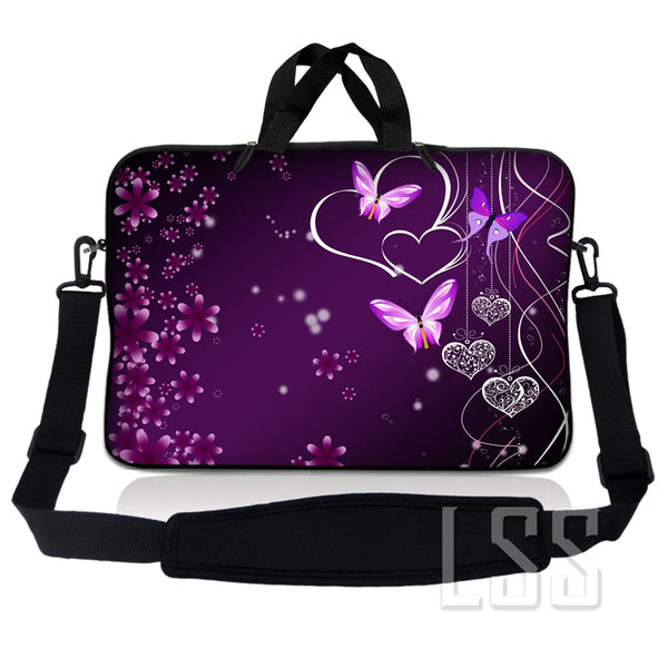 Laptop Notebook Sleeve Carrying Case with Carry Handle and Shoulder Strap - Purple Heart Butterfly