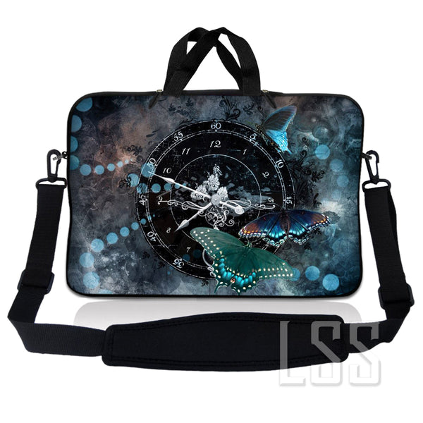 Laptop Notebook Sleeve Carrying Case with Carry Handle and Shoulder Strap - Clock Butterfly Time