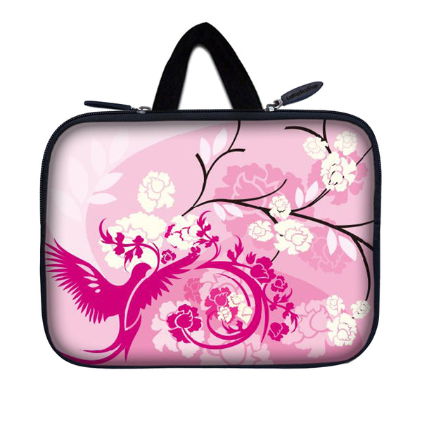Tablet Sleeve Carrying Case w/ Hidden Handle – Pink White Roses Bird Floral