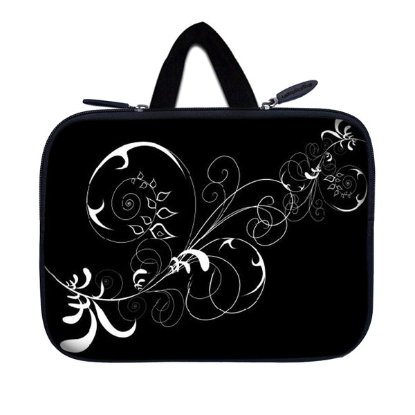 Tablet Sleeve Carrying Case w/ Hidden Handle – Vines Black and White Swirl Floral