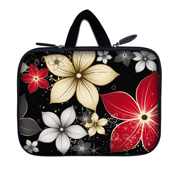 Tablet Sleeve Carrying Case w/ Hidden Handle – Black Gray Red Flower Leaves