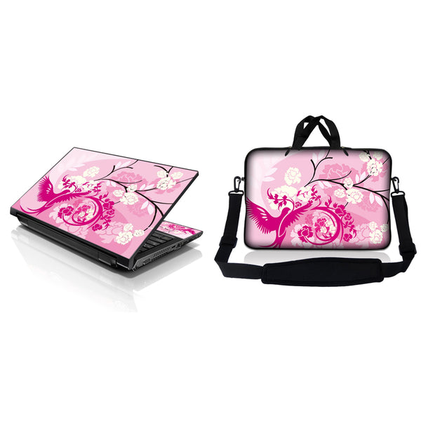 Notebook / Netbook Sleeve Carrying Case w/ Handle & Adjustable Shoulder Strap & Matching Skin – Pink White Roses Bird Floral