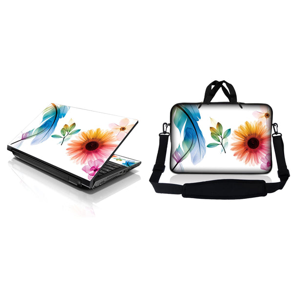 Notebook / Netbook Sleeve Carrying Case w/ Handle & Adjustable Shoulder Strap & Matching Skin – Daisy Flower Leaves Floral