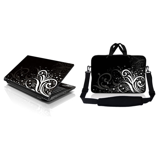 Notebook / Netbook Sleeve Carrying Case w/ Handle & Adjustable Shoulder Strap & Matching Skin – Black and White Floral