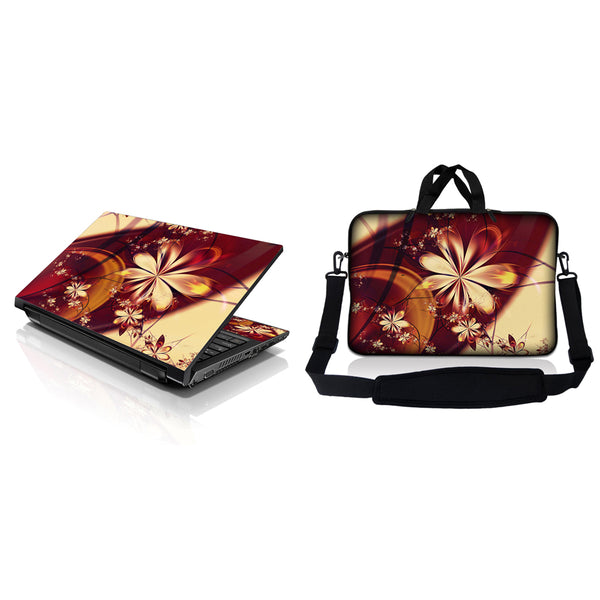 Notebook / Netbook Sleeve Carrying Case w/ Handle & Adjustable Shoulder Strap & Matching Skin – Gold Flower Floral