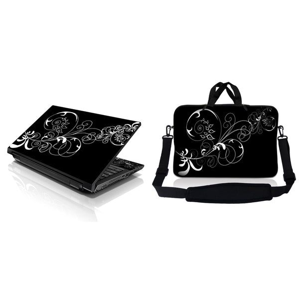 Notebook / Netbook Sleeve Carrying Case w/ Handle & Adjustable Shoulder Strap & Matching Skin – Black and White Swirl Floral
