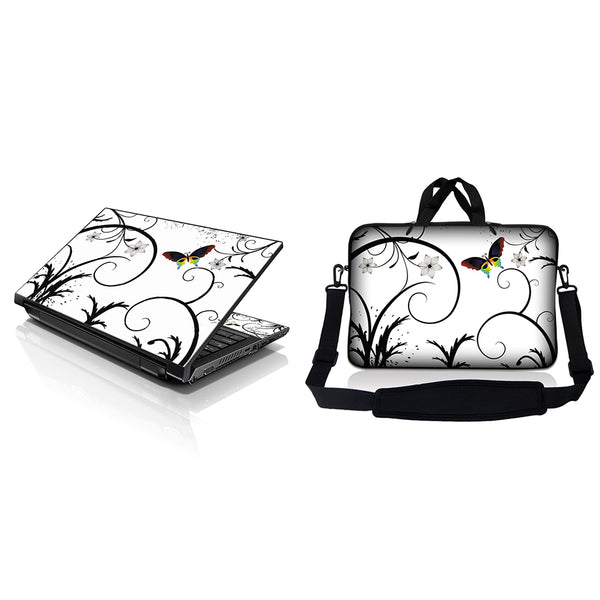 Notebook / Netbook Sleeve Carrying Case w/ Handle & Adjustable Shoulder Strap & Matching Skin – White Butterfly Escape Floral