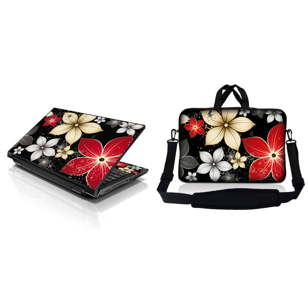 Notebook / Netbook Sleeve Carrying Case w/ Handle & Adjustable Shoulder Strap & Matching Skin – Black Gray Red Flower Leaves