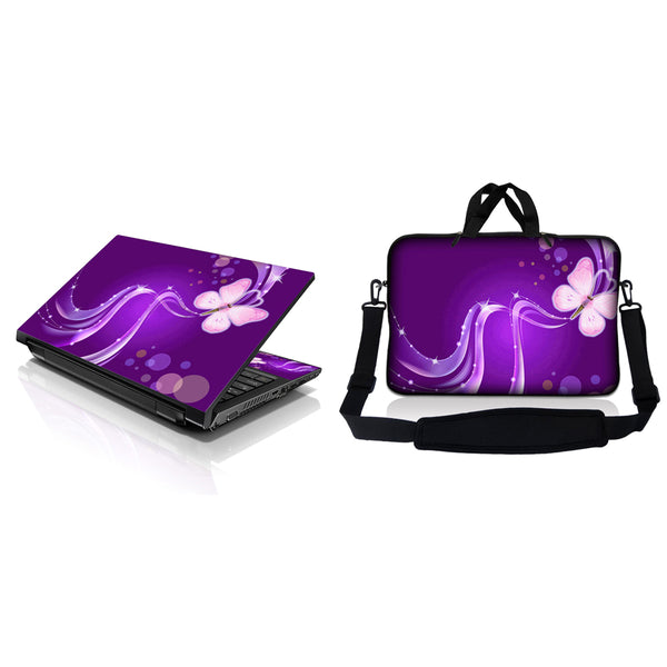 Notebook / Netbook Sleeve Carrying Case w/ Handle & Adjustable Shoulder Strap & Matching Skin – Purple Butterfly Floral