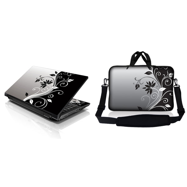 Notebook / Netbook Sleeve Carrying Case w/ Handle & Adjustable Shoulder Strap & Matching Skin – Gray Black Swirl Floral