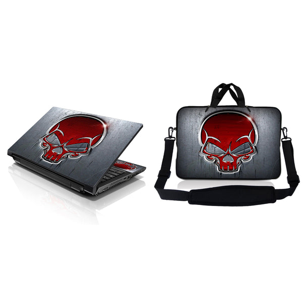 Notebook / Netbook Sleeve Carrying Case w/ Handle & Adjustable Shoulder Strap & Matching Skin – Silver Red Skull