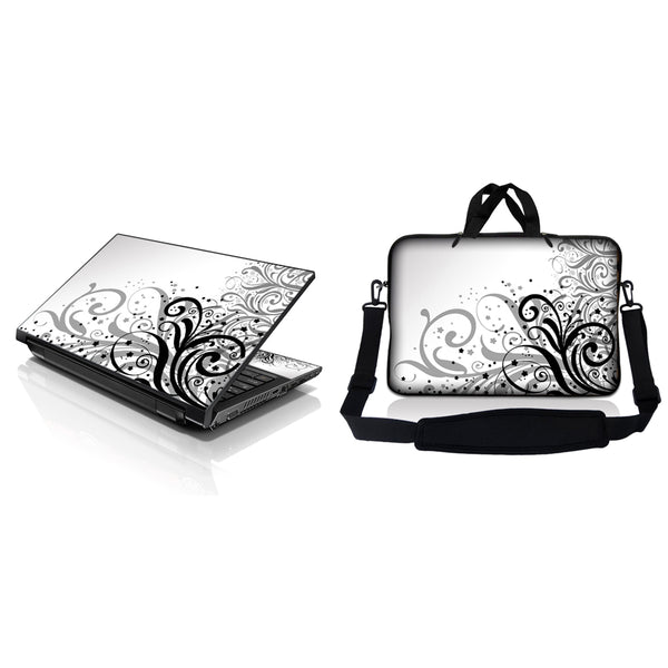 Notebook / Netbook Sleeve Carrying Case w/ Handle & Adjustable Shoulder Strap & Matching Skin – Grey Swirl Black & White Floral
