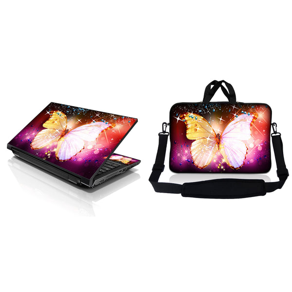 Notebook / Netbook Sleeve Carrying Case w/ Handle & Adjustable Shoulder Strap & Matching Skin – Sparkling Butterfly