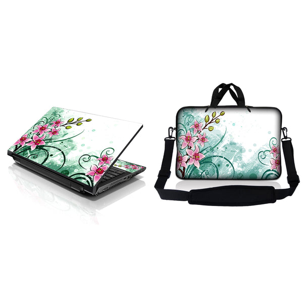 Notebook / Netbook Sleeve Carrying Case w/ Handle & Adjustable Shoulder Strap & Matching Skin – Pink Flower Floral