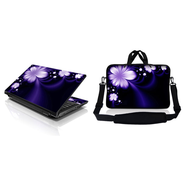 Notebook / Netbook Sleeve Carrying Case w/ Handle & Adjustable Shoulder Strap & Matching Skin – Purple Flower Floral