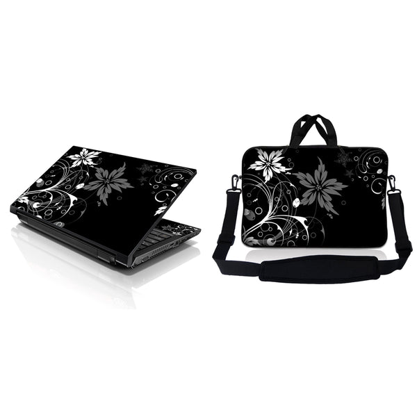 Notebook / Netbook Sleeve Carrying Case w/ Handle & Adjustable Shoulder Strap & Matching Skin – Black and White Floral