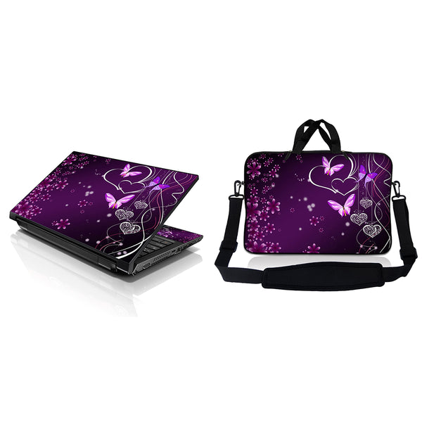 Notebook / Netbook Sleeve Carrying Case w/ Handle & Adjustable Shoulder Strap & Matching Skin – Purple Heart Butterfly