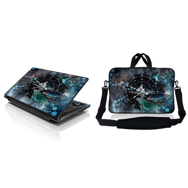 Notebook / Netbook Sleeve Carrying Case w/ Handle & Adjustable Shoulder Strap & Matching Skin – Clock Butterfly Time
