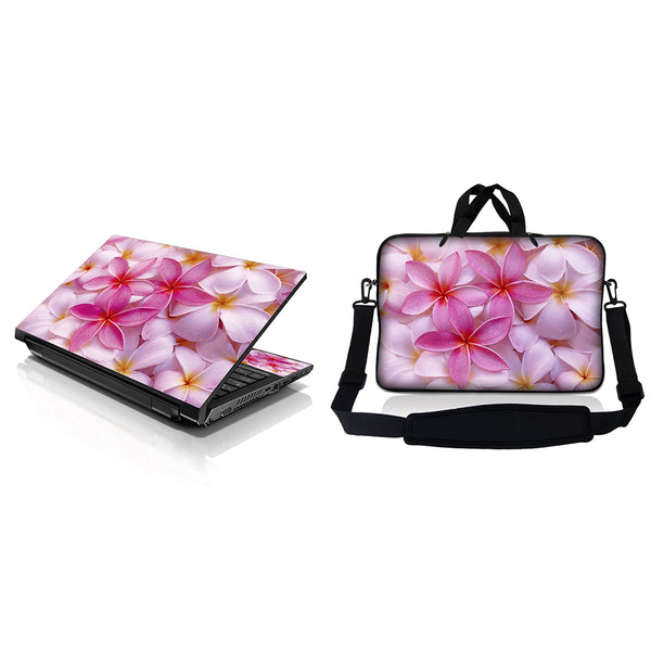 Notebook / Netbook Sleeve Carrying Case w/ Handle & Adjustable Shoulder Strap & Matching Skin – Pink Plumeria Flower